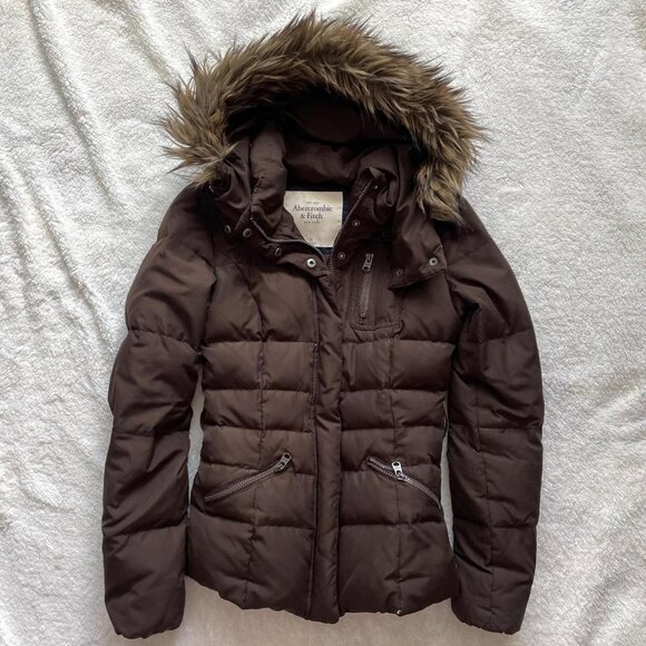 Y2K Abercrombie and Fitch Brown Puffer Jacket with Faux Fur Hood - Picture 1 of 8
